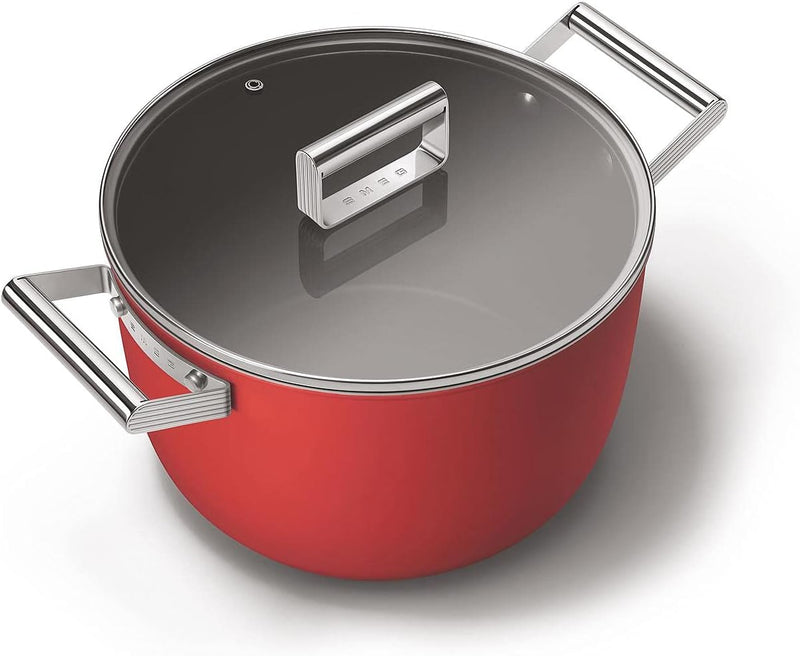 Smeg All Hobs None-Stick Casserole Pan with Lid, 26 cm Diameter, Red
