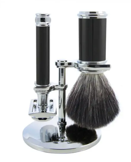 Edwin Jagger Black & Chrome 3 Piece DE Set (Black Synthetic)